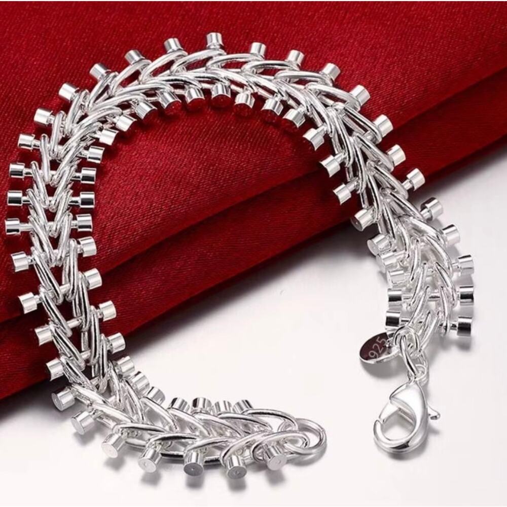 New Fine Geometric Spike Link Bracelet, 925 Plated Silver Color, Unisex 20CM